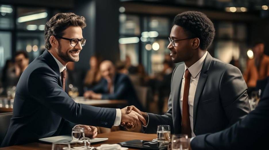 2 men shaking hands after sales engineer training